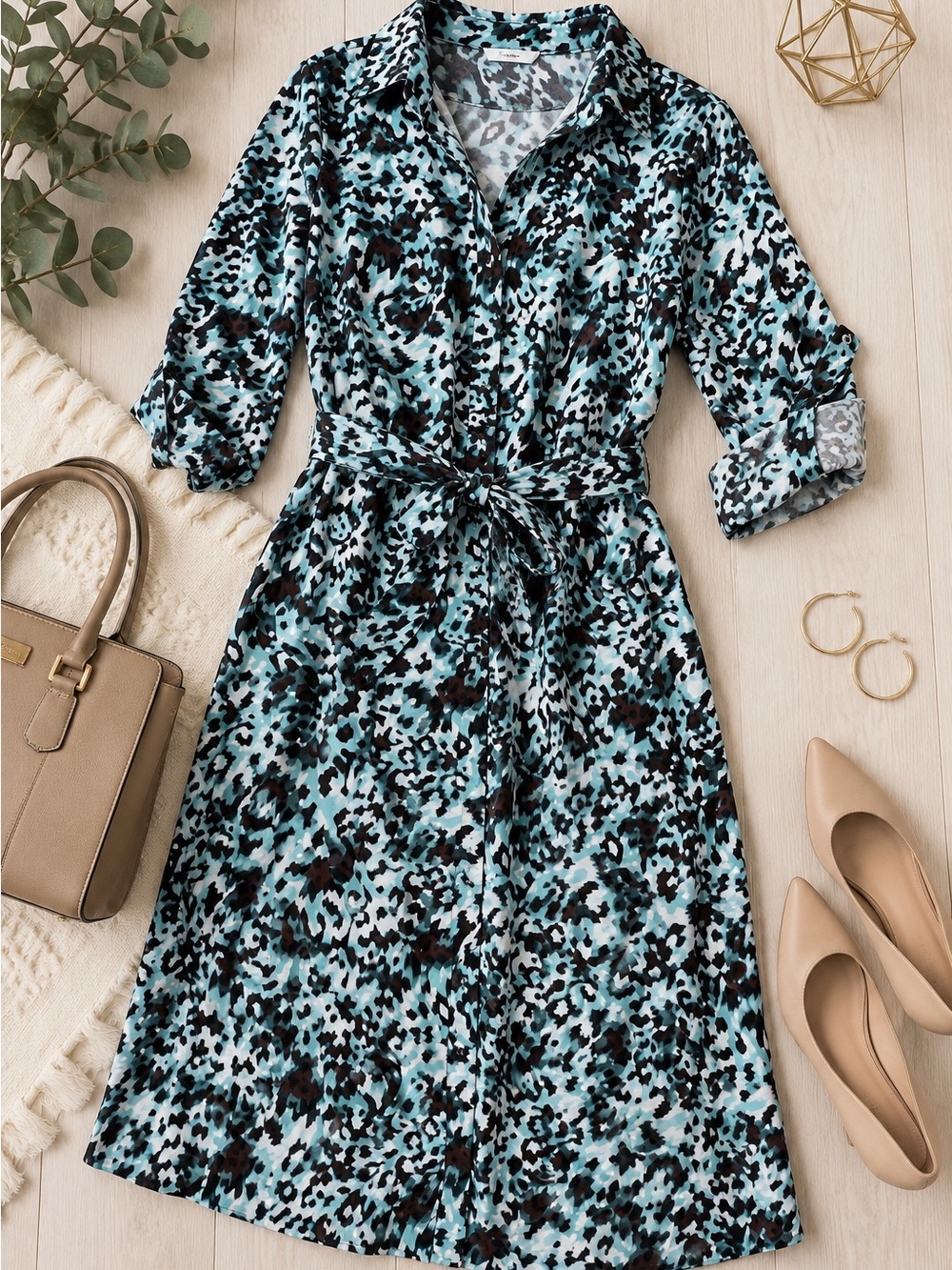 NY Collection Petite Animal Print Midi Shirt Dress NWT PL Office Wear